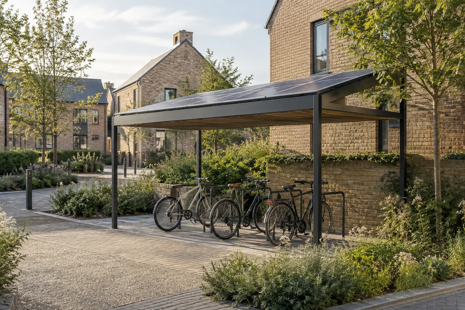 Solar canopy above cycle parking beside low-rise homes