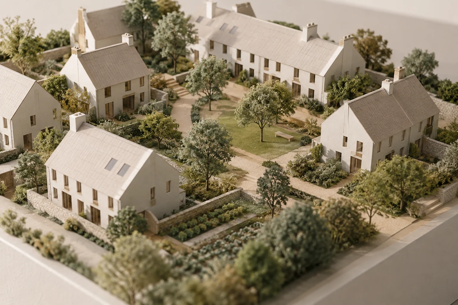 Physical model of low-rise homes arranged around a planted courtyard