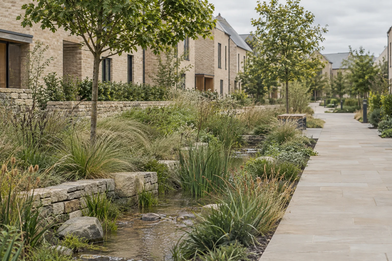 A planted rainwater channel beside a stone path in a residential landscape