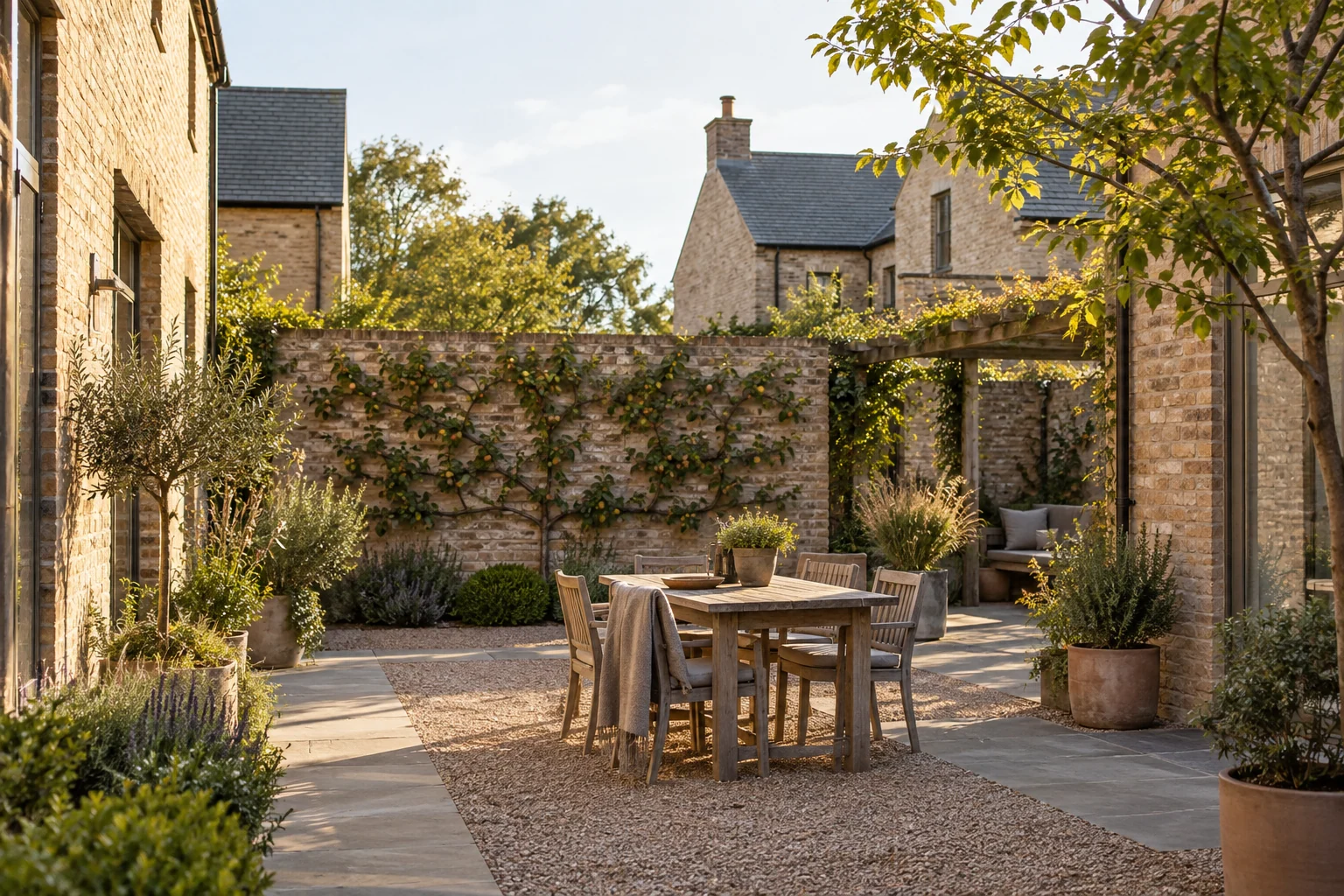 Shared courtyard with a communal table and fruit trees against a brick wall
