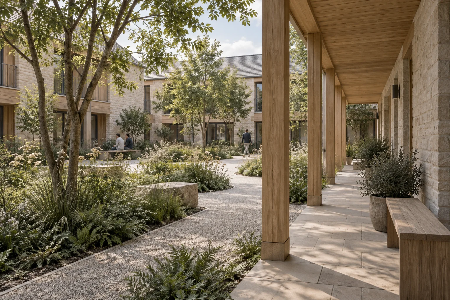 Illustrative shared courtyard with planting and sheltered circulation
