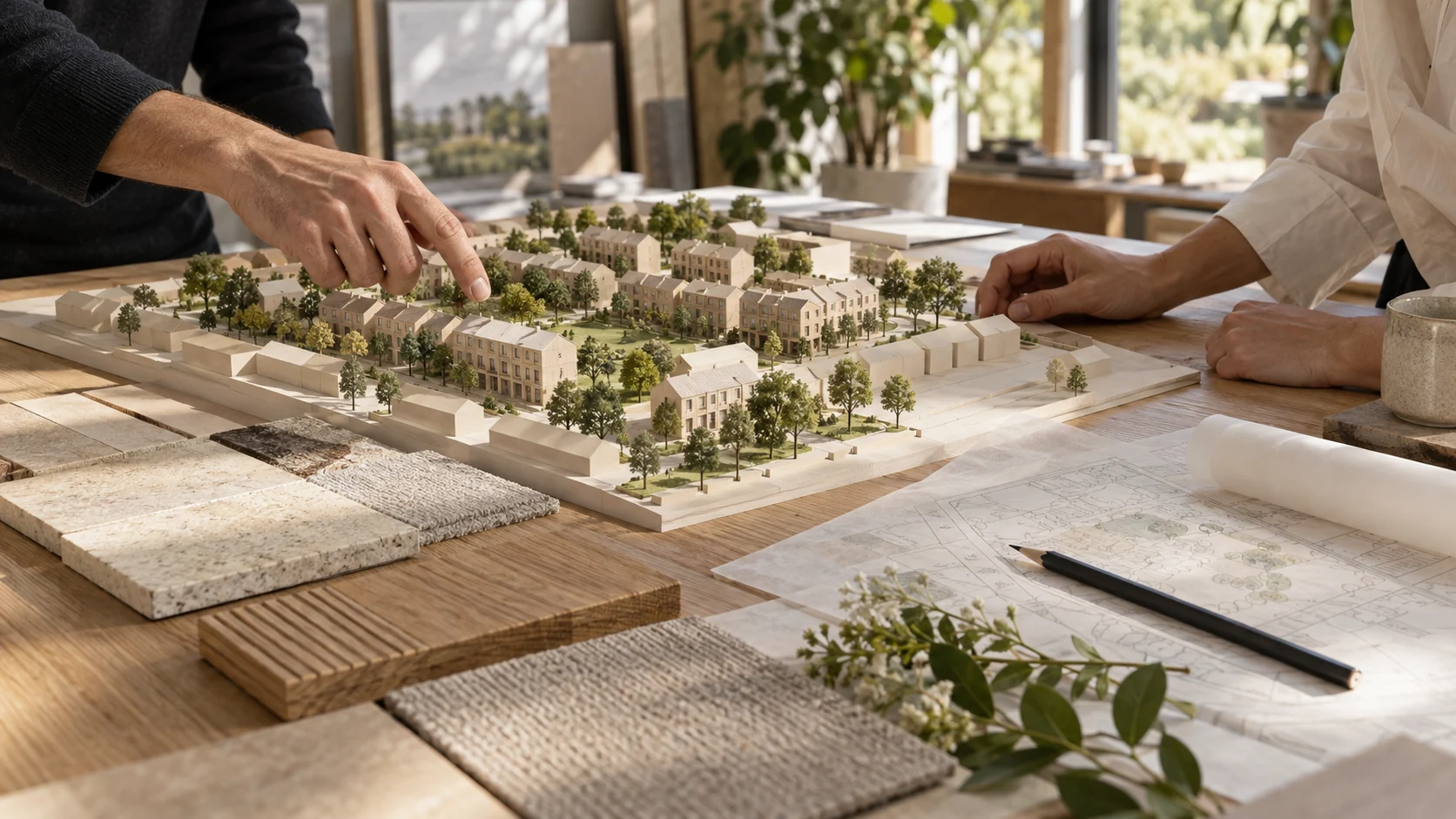 Illustrative design process with a neighbourhood model and material samples; not the actual Brookfield team