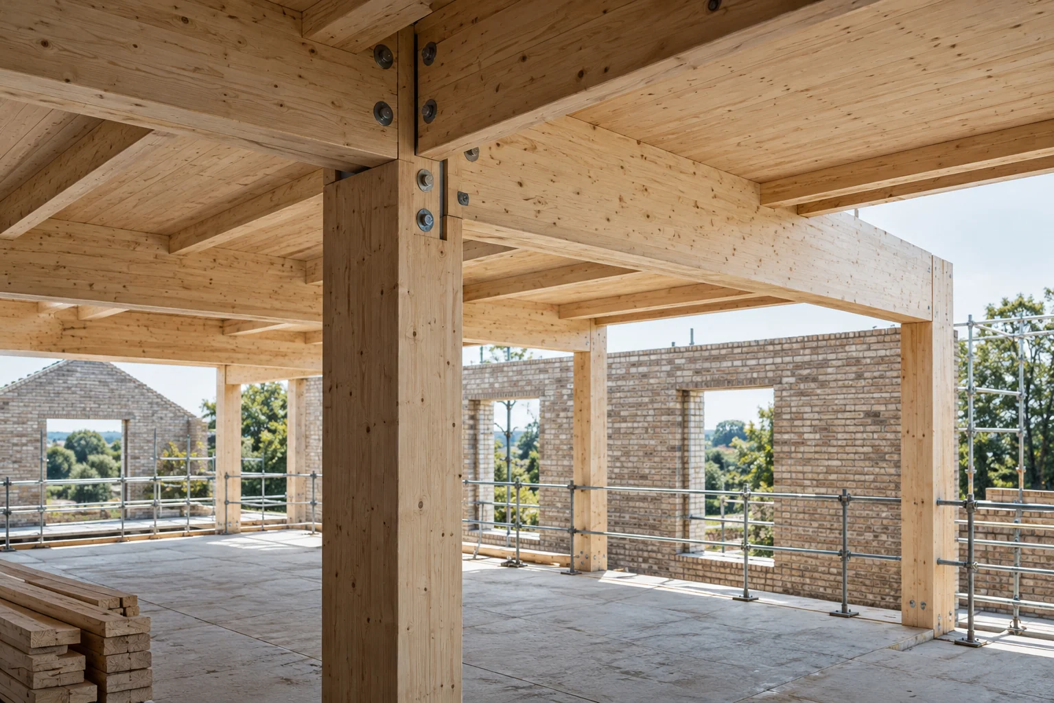 Glulam beam and column connections inside a timber frame