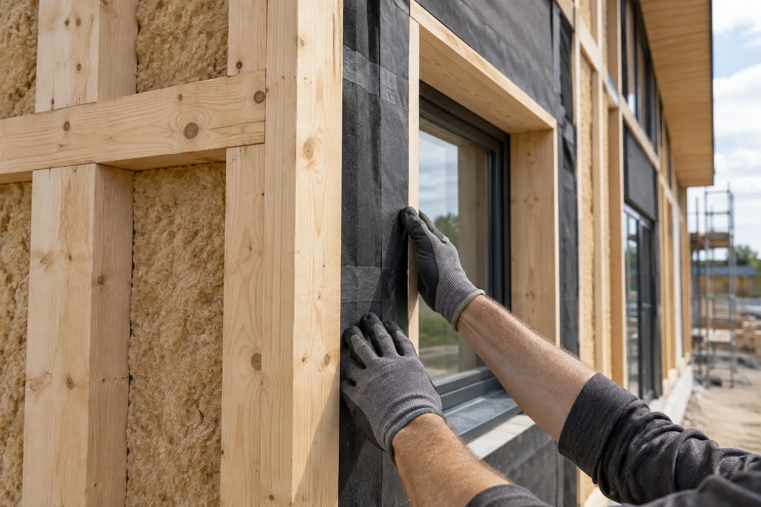 Illustrative workmanship around a timber-frame window, showing insulation and a taped membrane