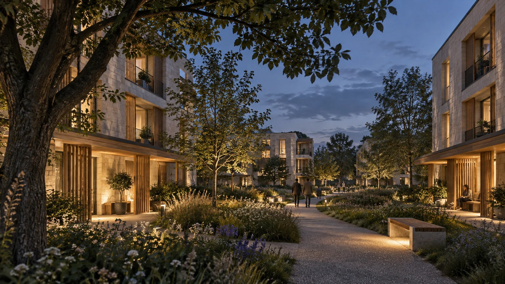 Concept for Brookfield’s first envisioned project: a tree-lined neighbourhood at dusk