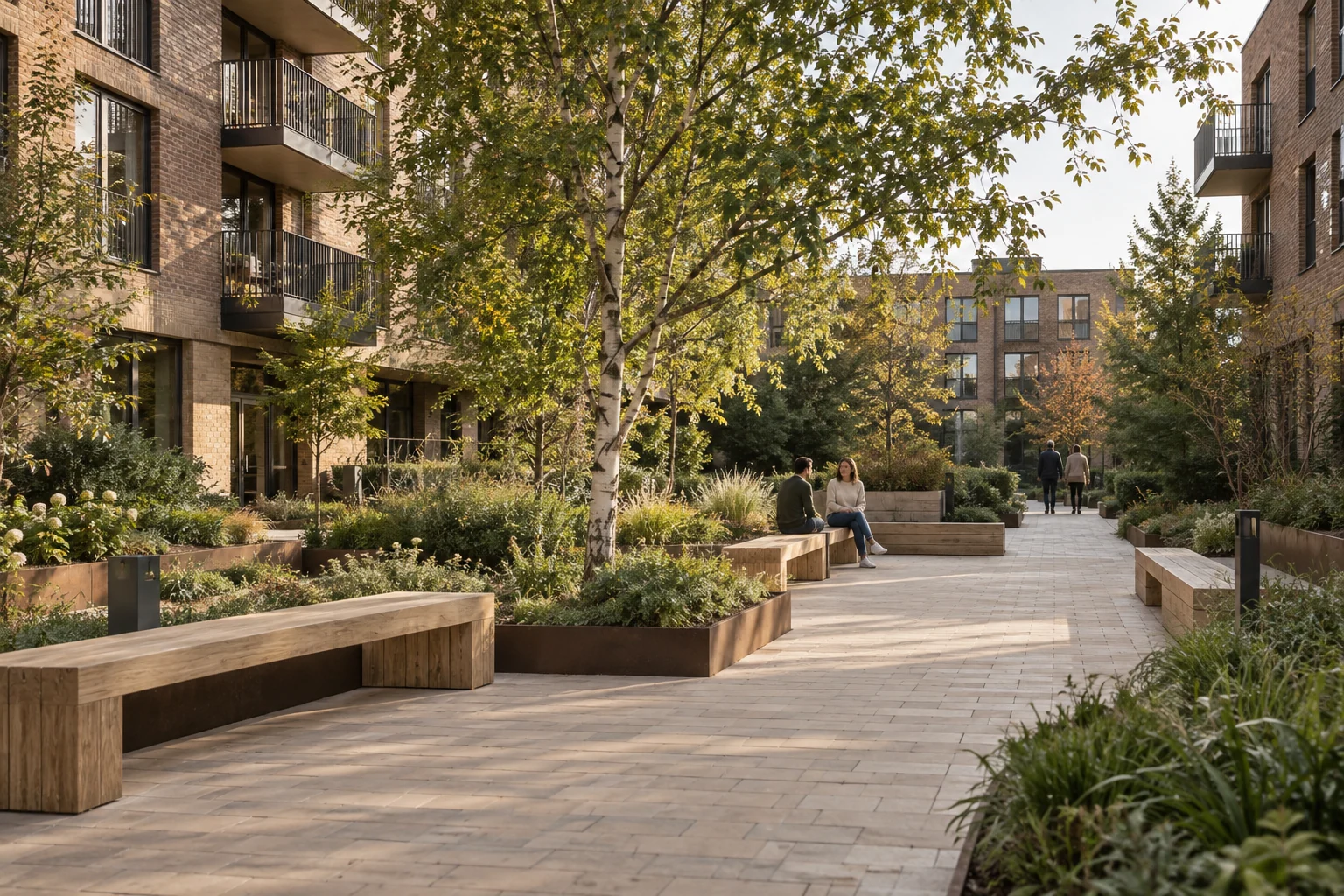 Brick courtyard with oak benches, a birch tree and planted borders