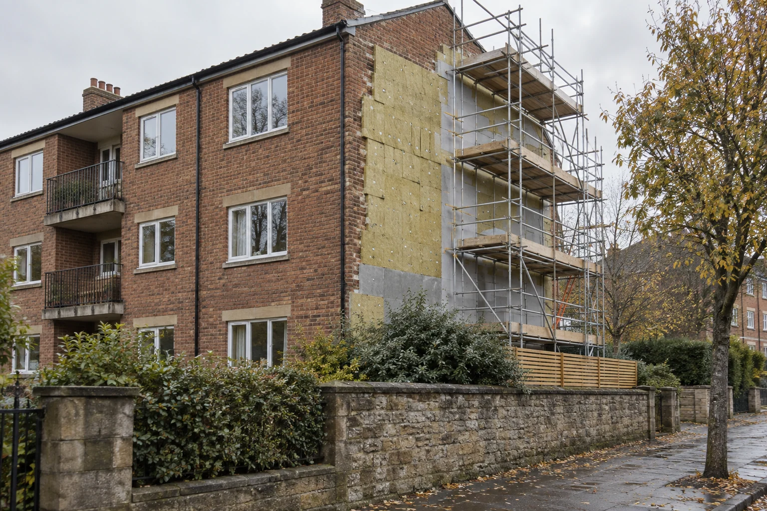 Facade insulation work on an existing red-brick apartment block