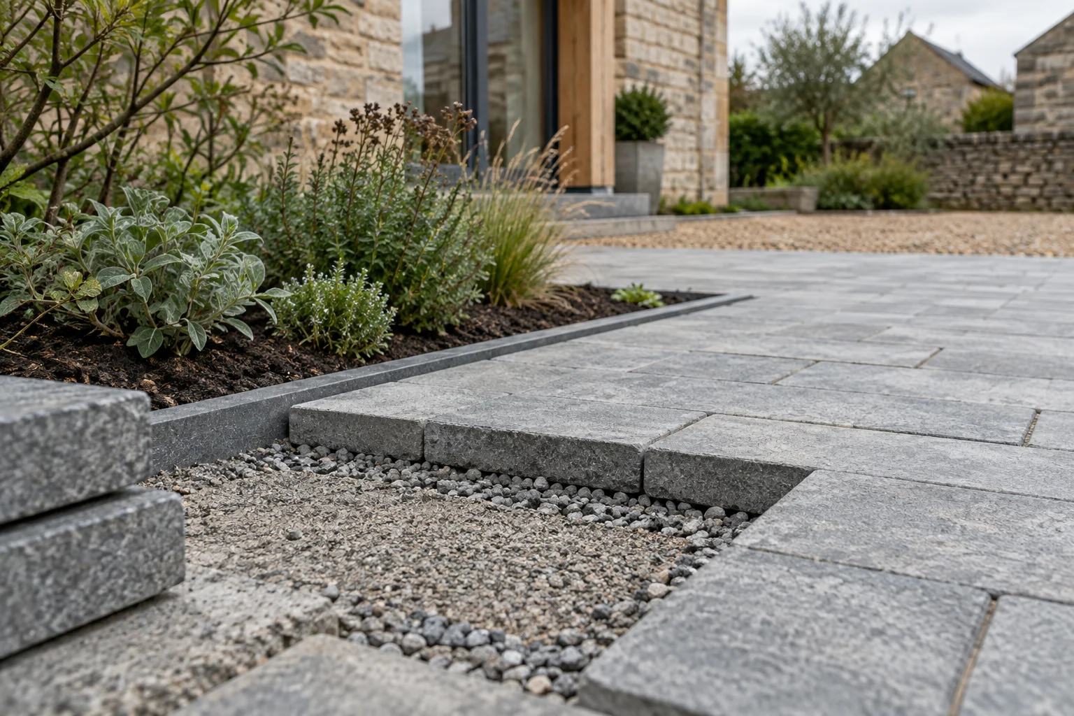 Permeable paving and an aggregate bedding layer beside native planting