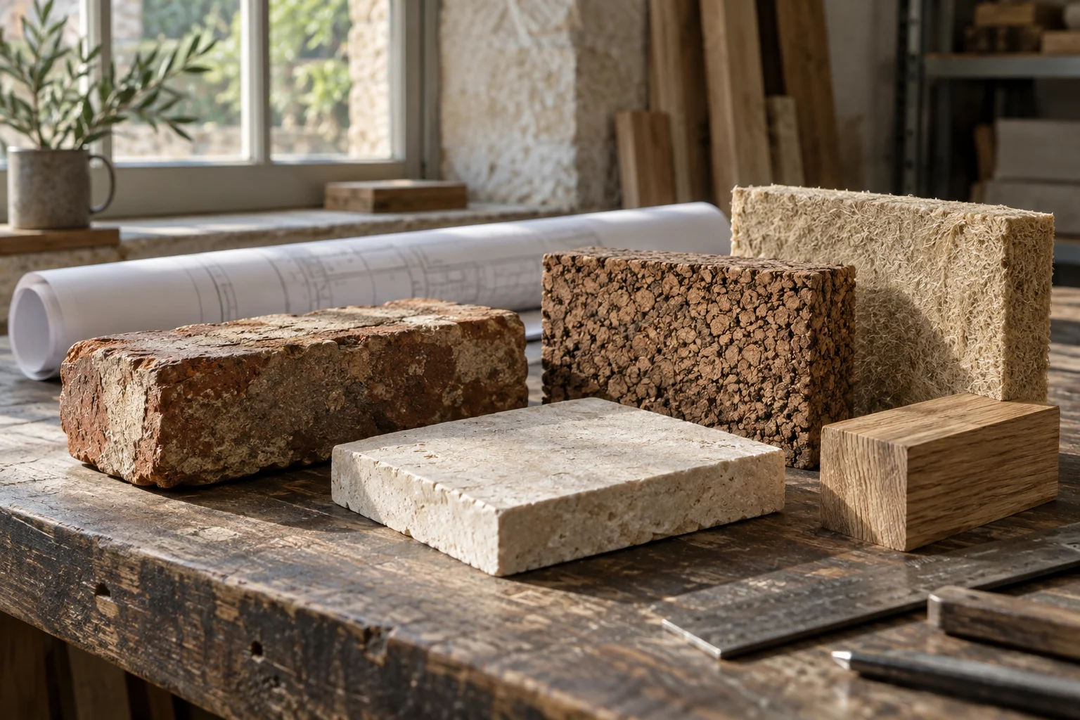 Brick, stone, cork and timber samples on an oak workbench