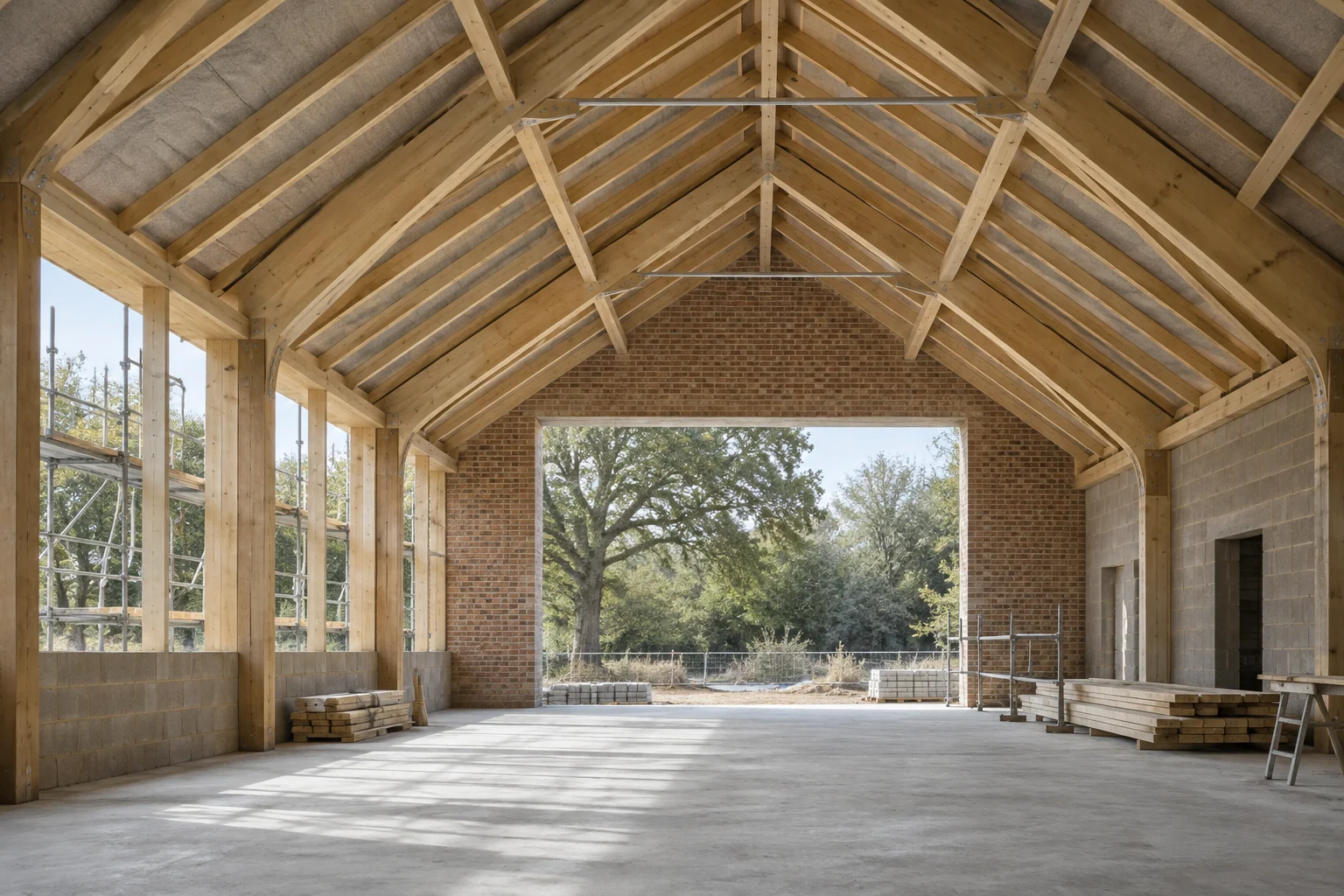 Exposed glulam roof trusses in a community hall under construction
