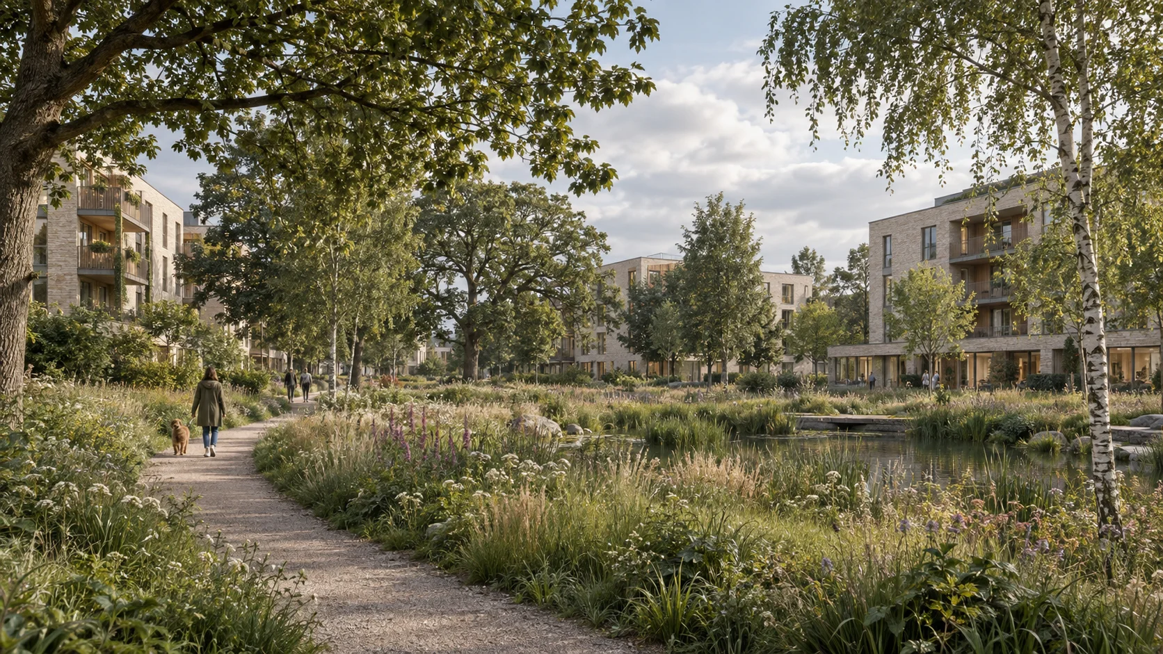 Illustrative landscape showing native planting, pedestrian routes and low-rise homes