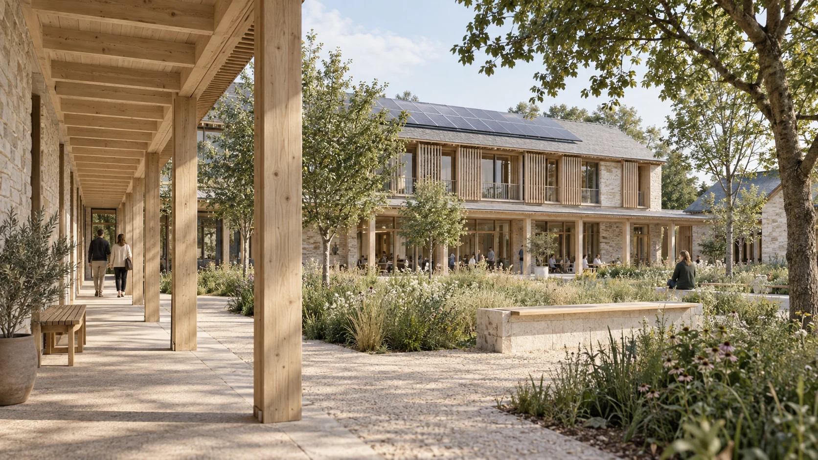Concept of a daylight-oriented pavilion with timber shading and rooftop solar panels
