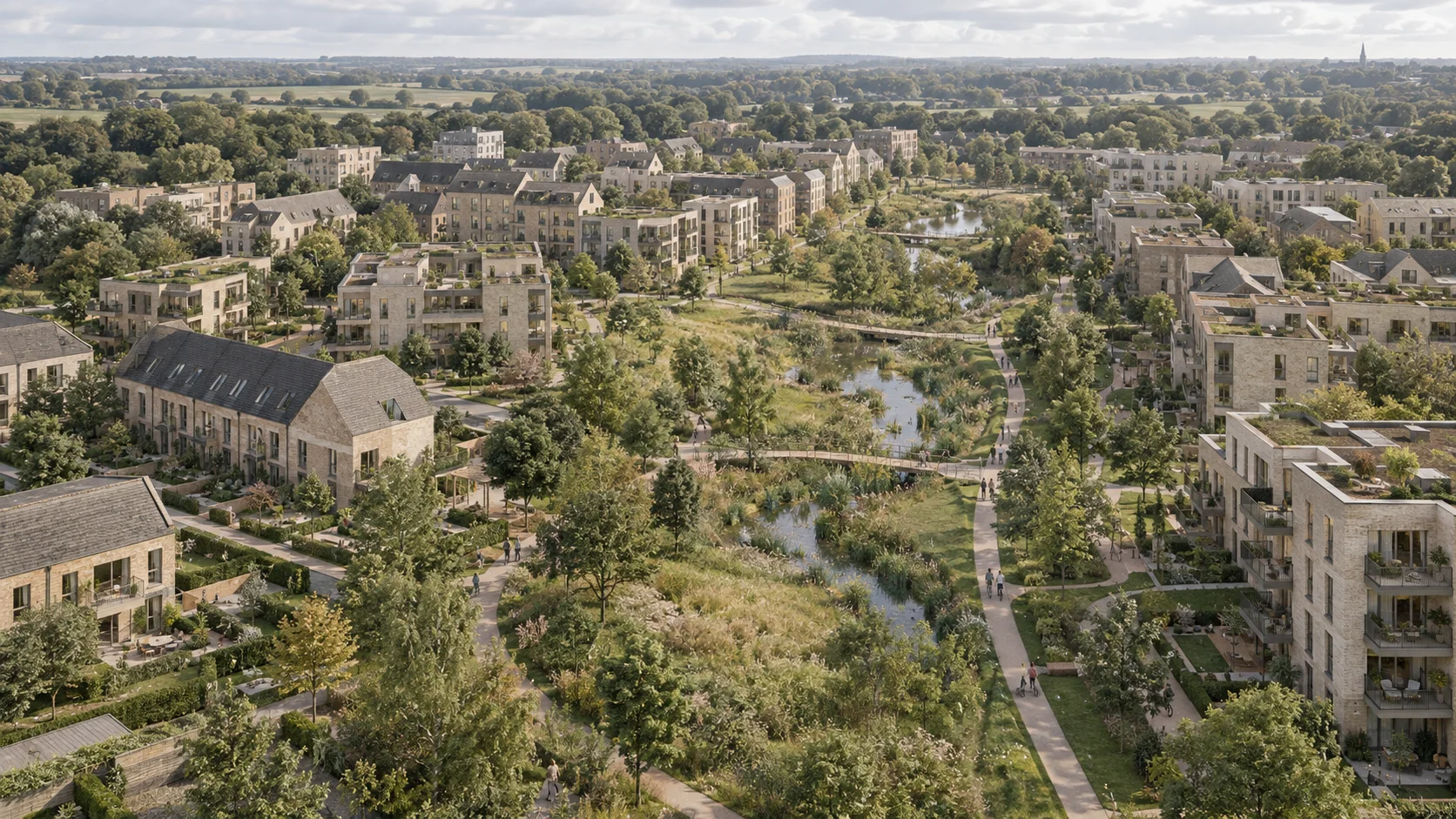 Illustrative aerial view of low-rise buildings around a connected green corridor