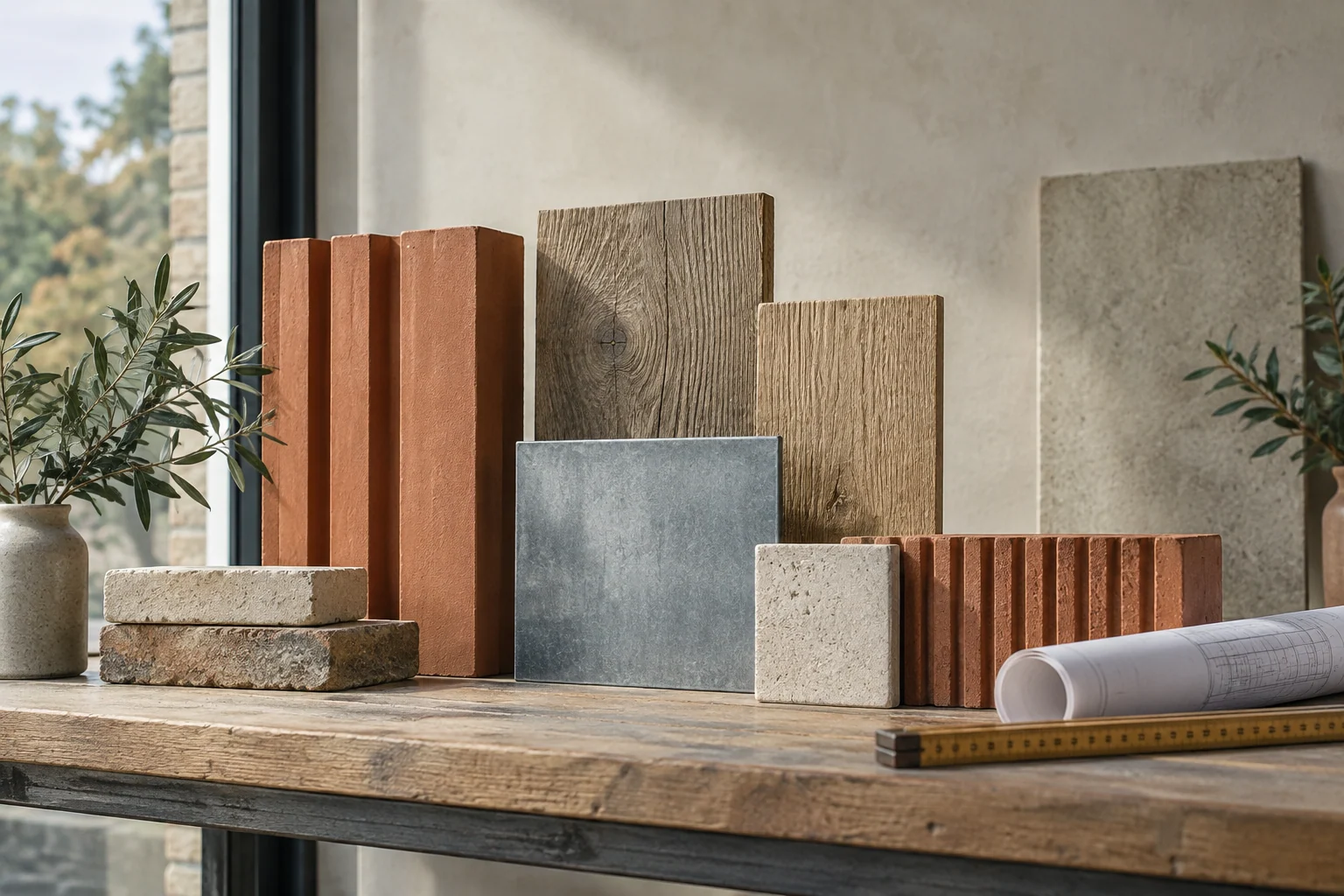 Terracotta, oak, zinc and brick samples arranged on a studio shelf