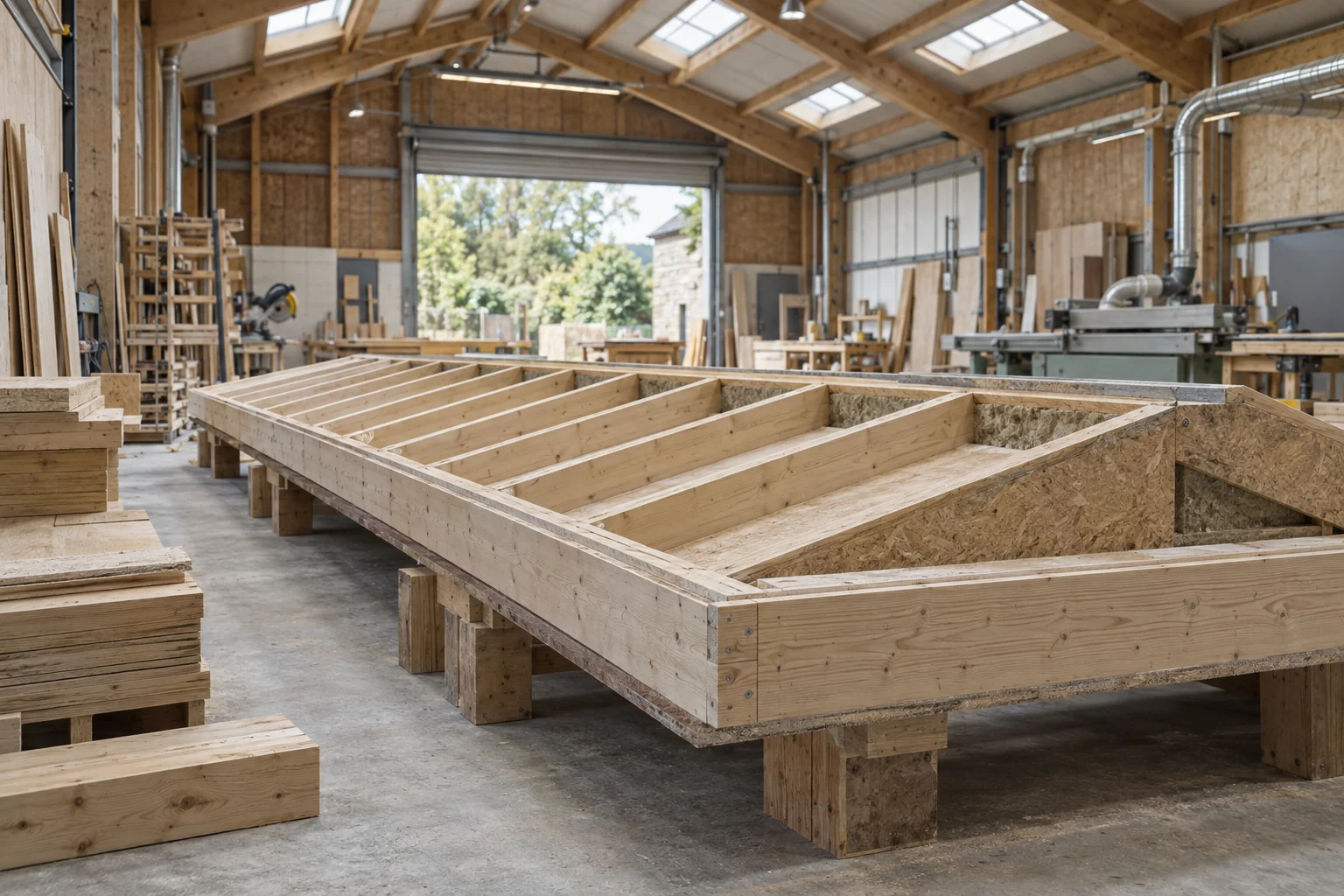 A prefabricated timber roof cassette on workshop supports