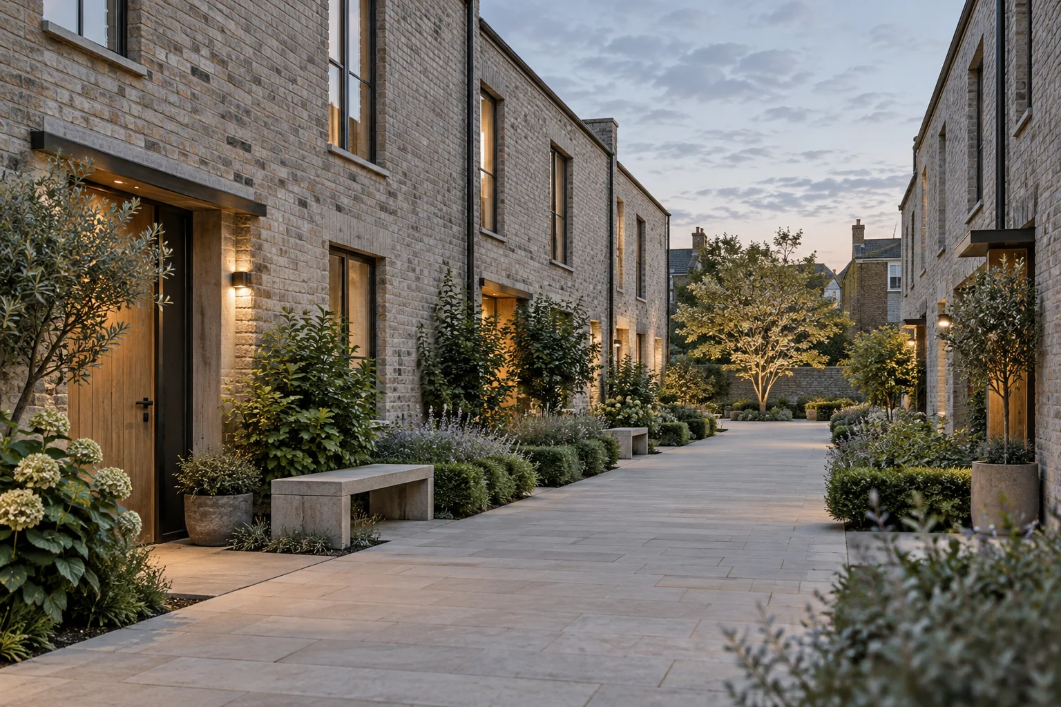 A planted pedestrian mews between two-storey brick homes