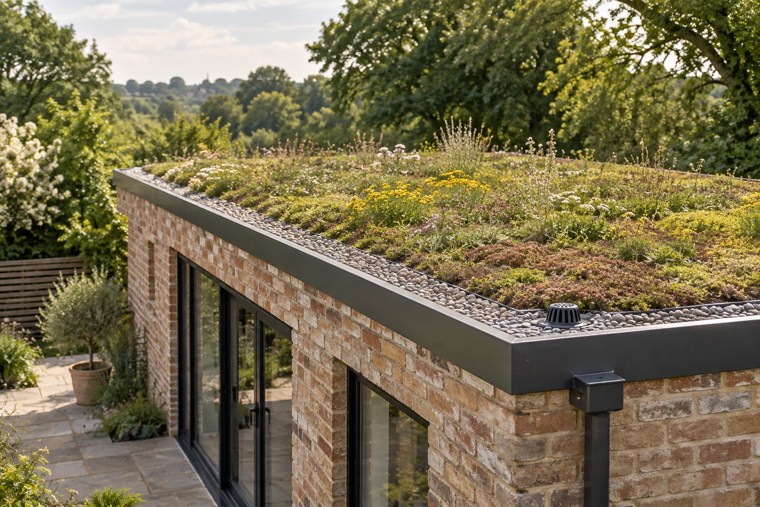 Sedum and wildflower planting on a small building's green roof