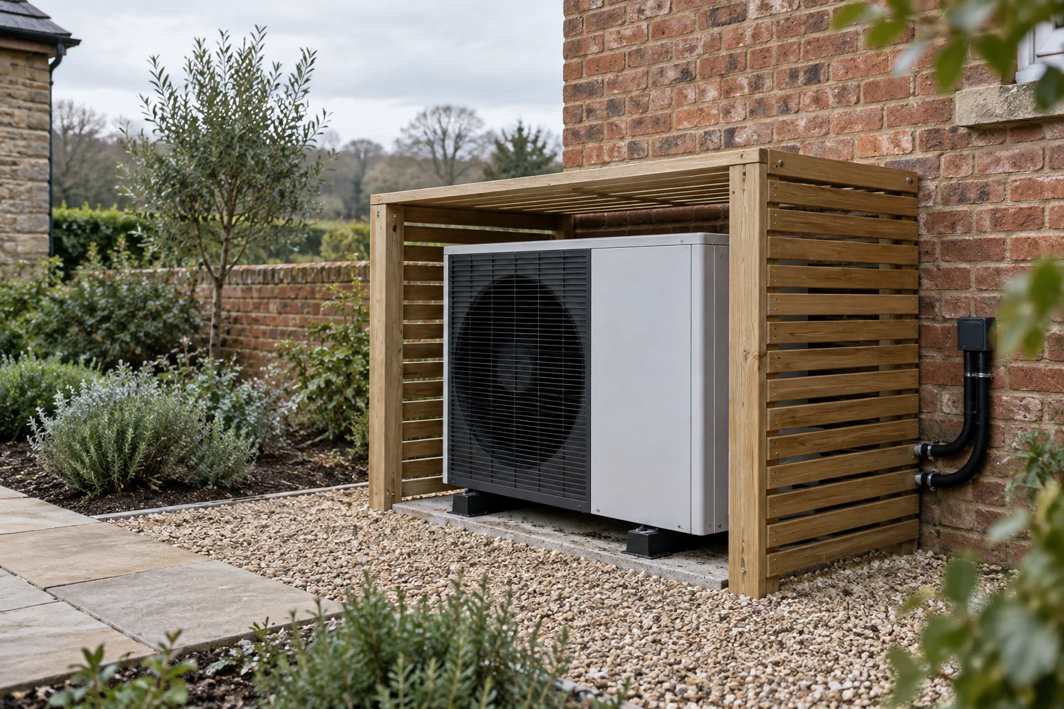 Screened air-source heat pump beside a brick wall