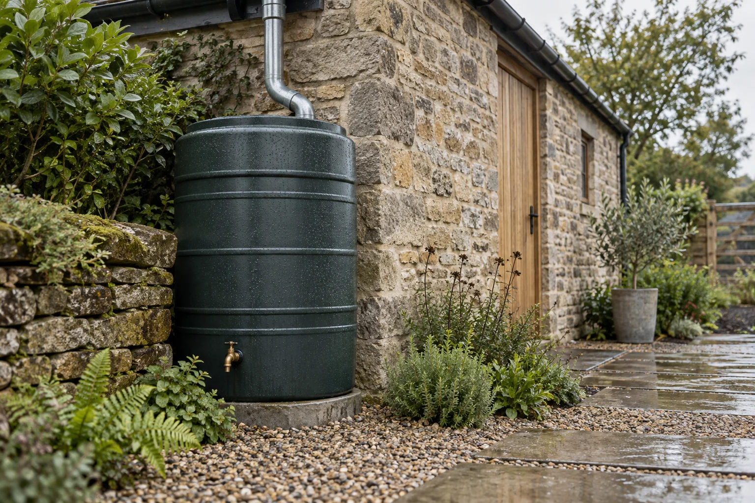 Rainwater collection tank and downpipe beside a utility outbuilding