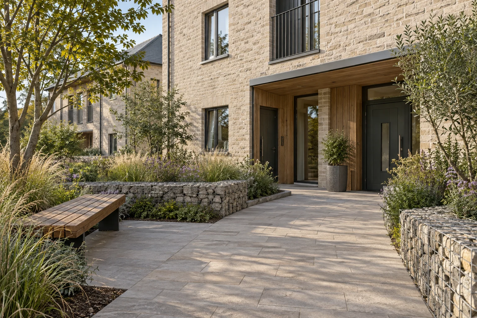 An accessible shared entrance court with planting and recessed thresholds
