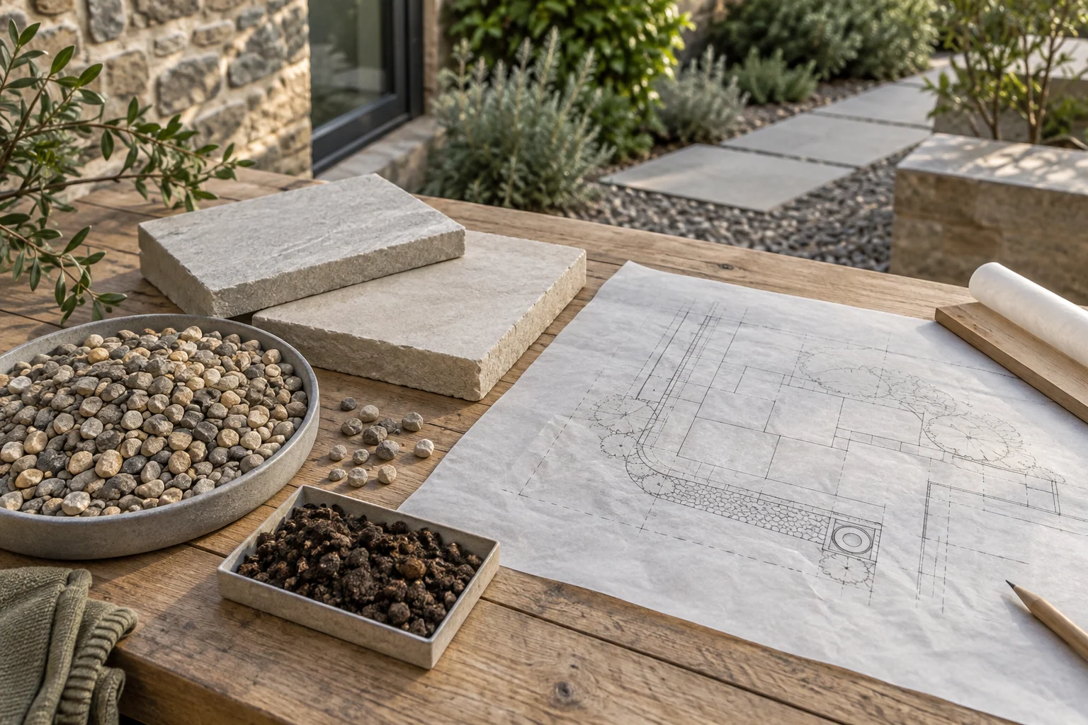 Gravel, paving and soil samples beside a landscape drawing