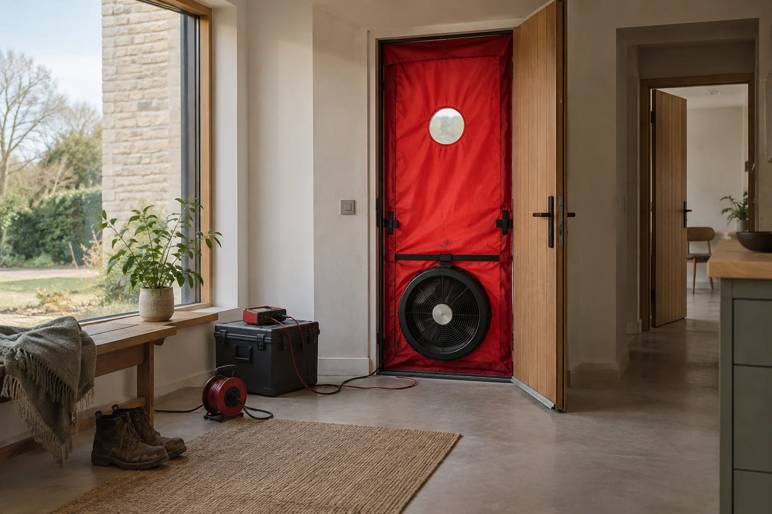 Blower-door testing equipment fitted in a newly completed home's doorway