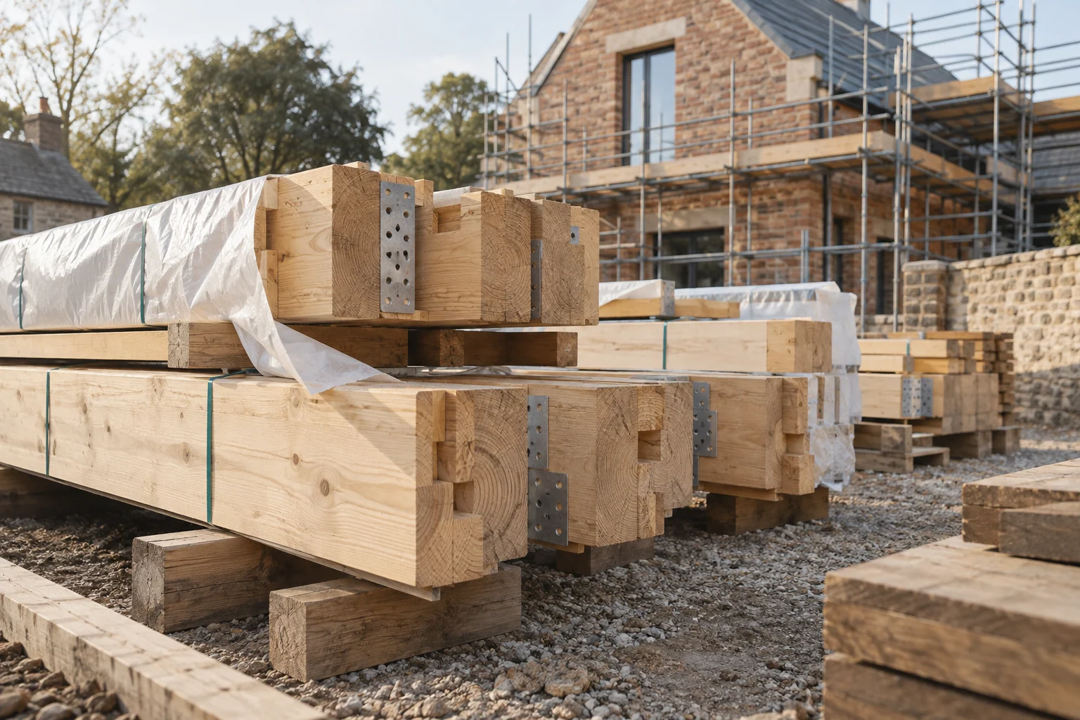 Engineered timber beams and connection plates ready for installation