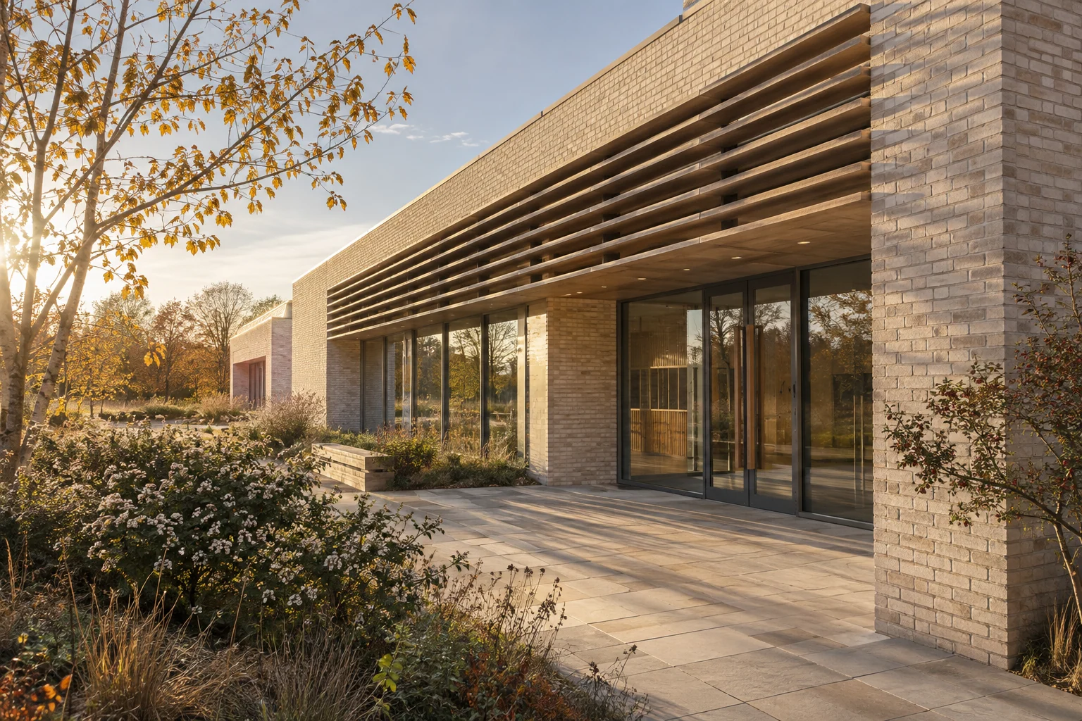 Horizontal sunshade blades above a glazed community-building entrance