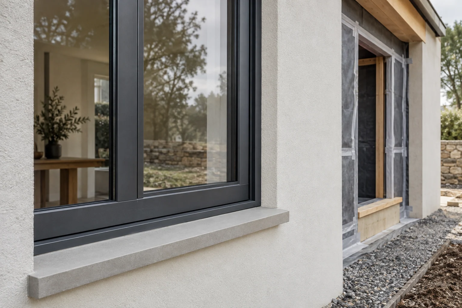 Sealed aluminium window reveal beside an unfinished facade bay