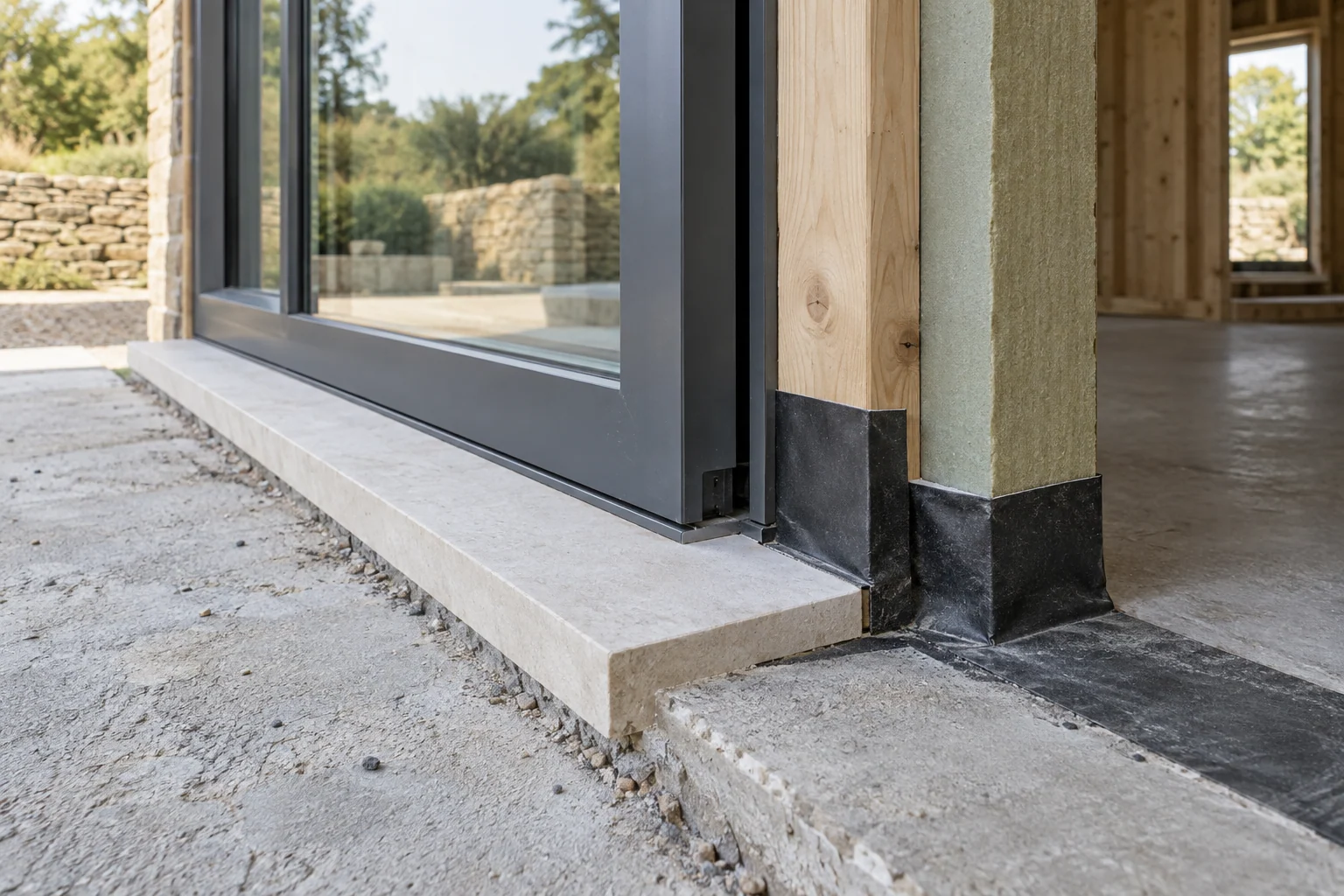Insulated facade threshold with a stone sill and weatherproof membrane