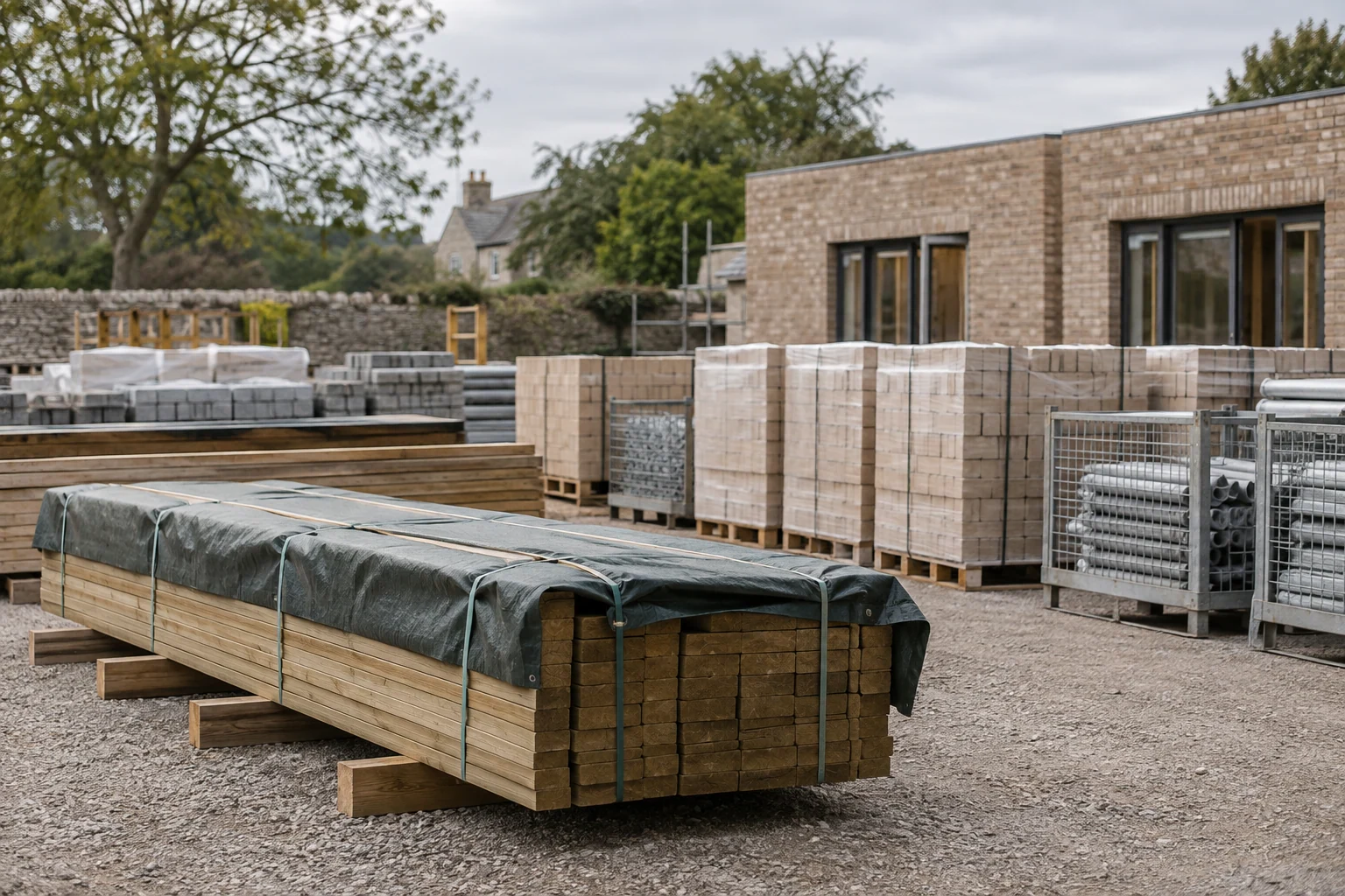 Protected timber packs and brick pallets arranged on a construction site