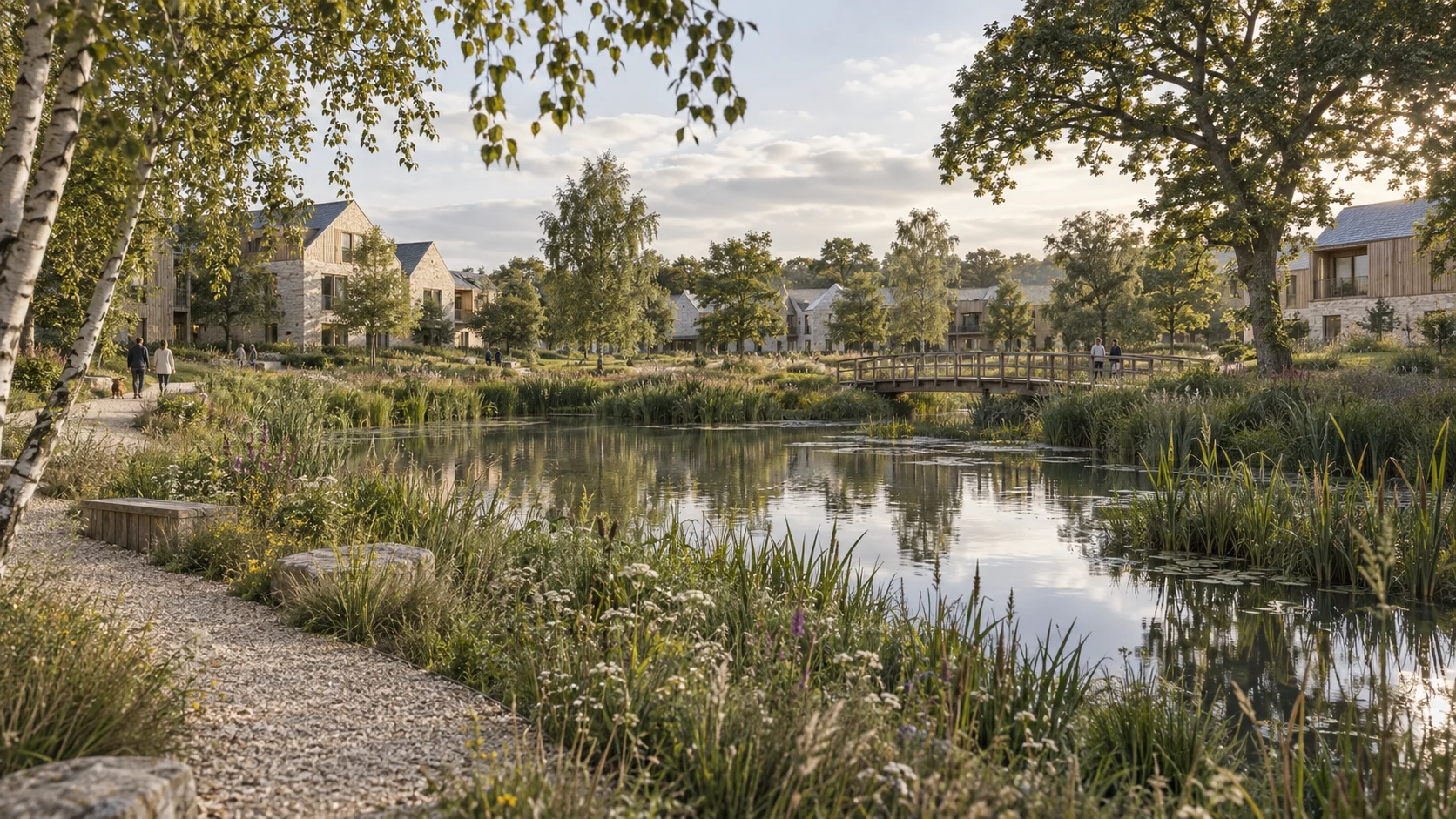 Concept wetland with native trees, wildflowers and a pedestrian bridge